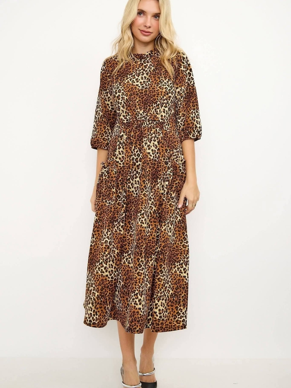 Celeste Leopard-Print Midi Dress in Brown and Cream